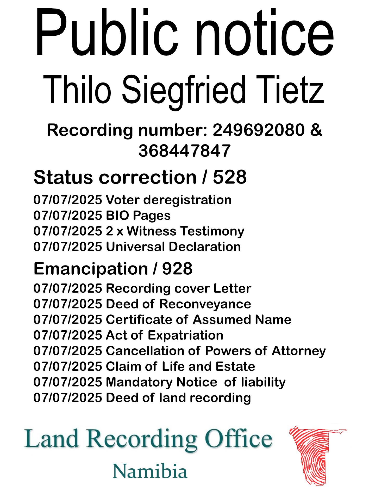 Public Notice Thilo Siegfried Tietz (c) Recording number 249692080 & 368447847
